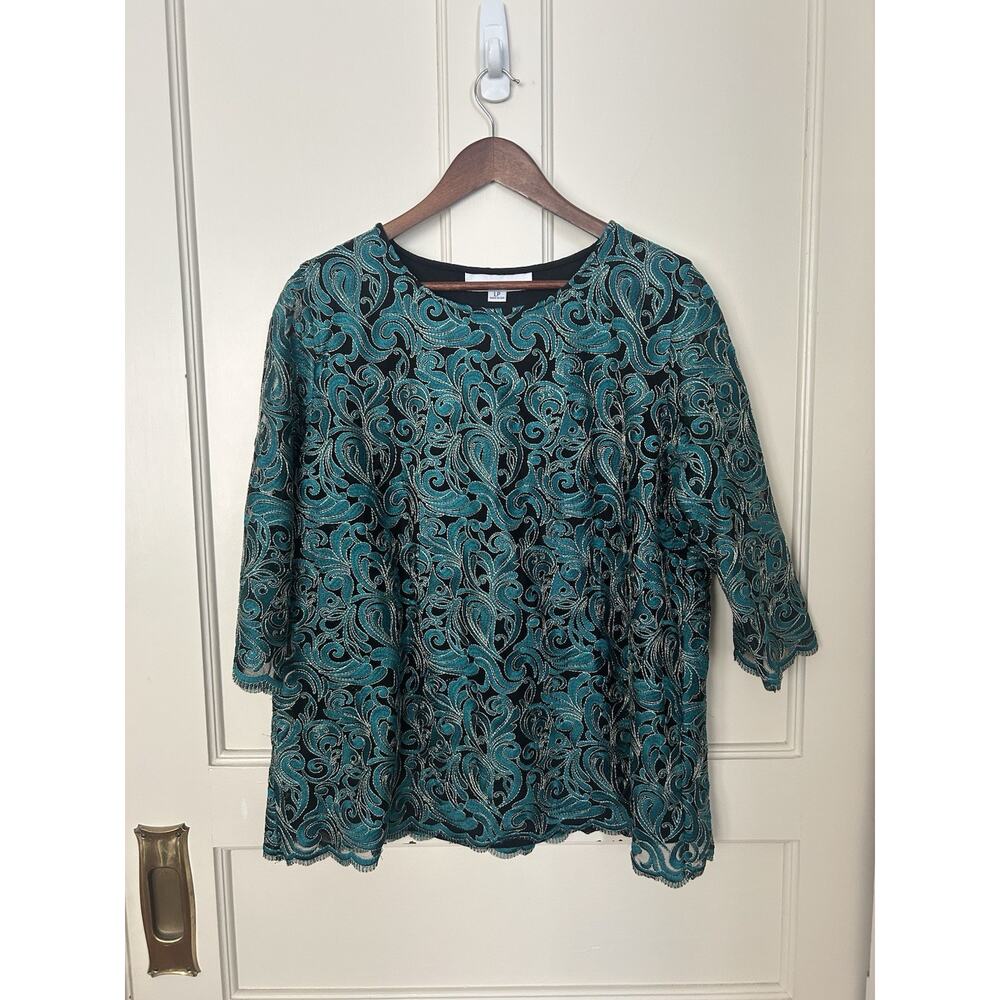 Caroline Rose Lace Overlay Blouse Womens Size LP Green Black Classic Elegant